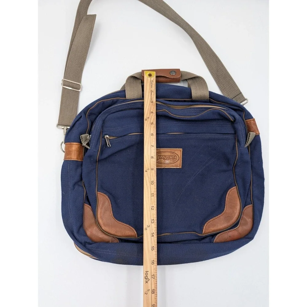 Jansport Messenger Laptop Bag Shoulder Strap Blue Canvas Leather Made In USA VTG